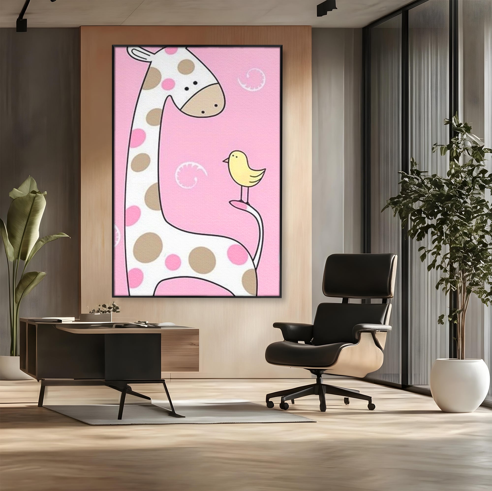 Tablou canvas cu ilustratie cu o girafa si o pasare, in rama de aluminiu negru, pe perete intr-un birou